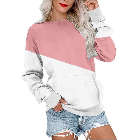 XFLWAM Womens Crew Neck T Shirts Solid Color Blocked Sweatshirts Long Sleeve Tees Casual Lightweight Pullover Tops Pink L