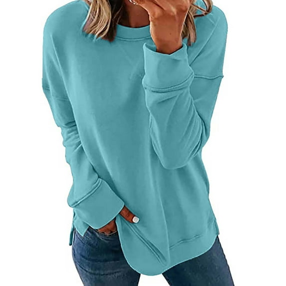 XFLWAM Womens Crewneck Color Block Sweatshirts Long Sleeve Pullover Shirts 2022 Cozy Fall Top Sky Blue L