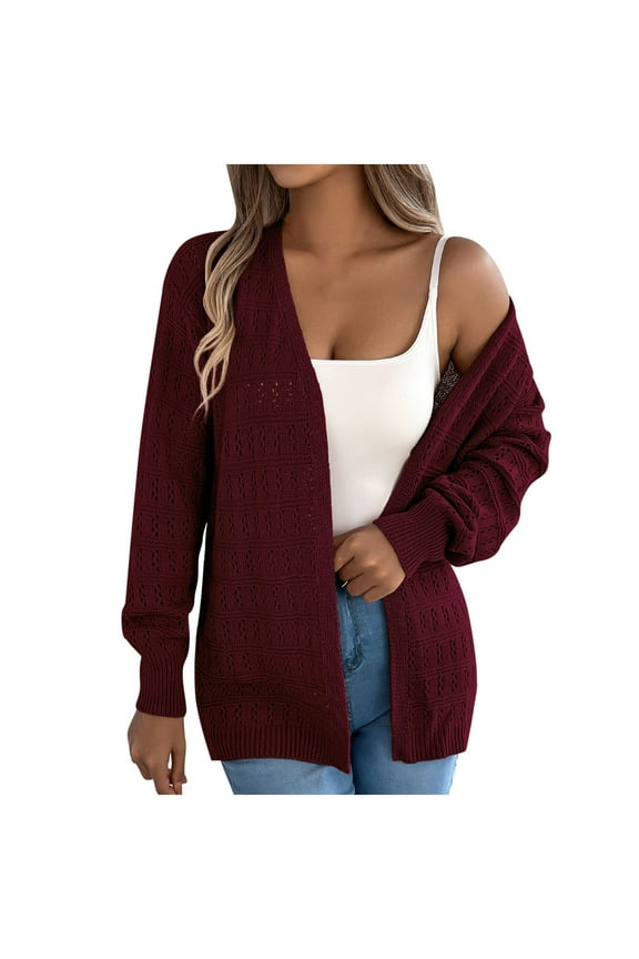 Womens Crochet Knit Cardigan Boho Long Sleeve Button Down Sweater Jackets Fall Casual Open Front Cardigans Coats Wine Red S