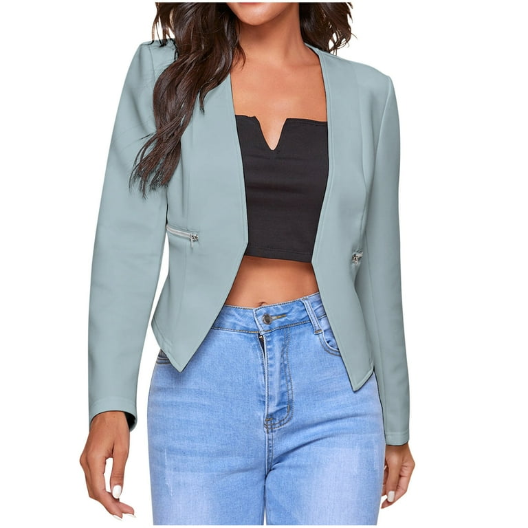 XFLWAM Womens Cropped Blazer Jacket Elegant Business Work Office Blazer Casual Collarless Open Front Cardigan Suit Jackets with Zipper Pockets Blue L Walmart