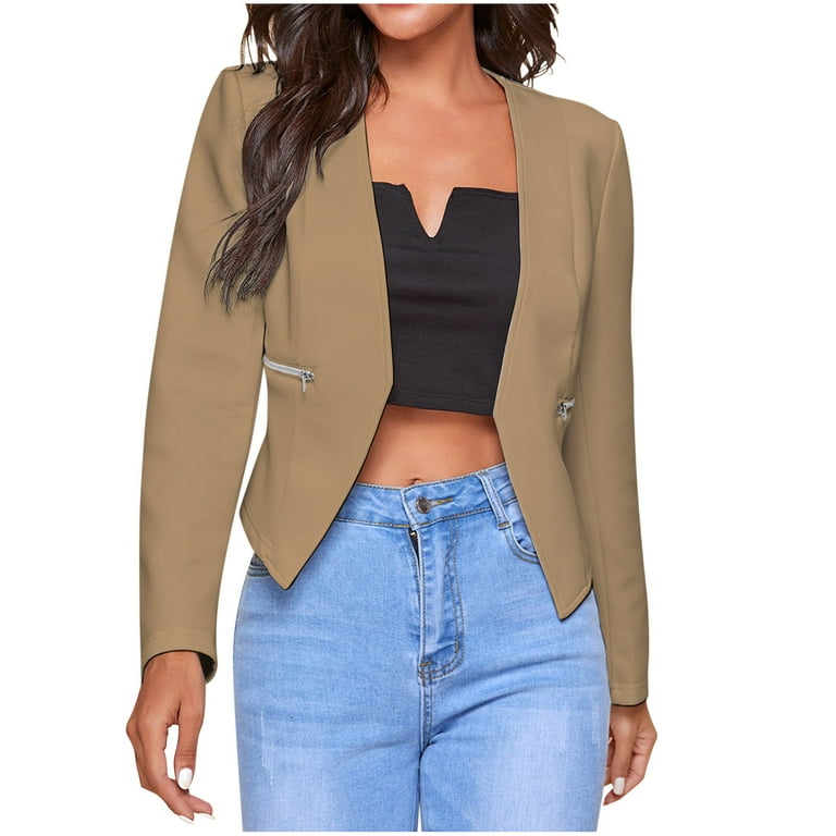 XFLWAM Womens Cropped Blazer Jacket Elegant Business Work Office Blazer  Casual Collarless Open Front Cardigan Suit Jackets with Zipper Pockets  Brown L 