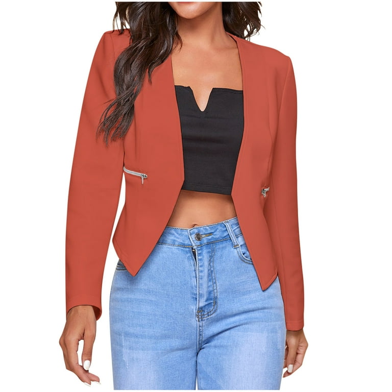 XFLWAM Womens Cropped Blazer Jacket Elegant Business Work Office Blazer  Casual Collarless Open Front Cardigan Suit Jackets with Zipper Pockets  Orange S 