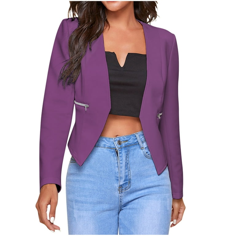 XFLWAM Womens Cropped Blazer Jacket Elegant Business Work Office Blazer  Casual Collarless Open Front Cardigan Suit Jackets with Zipper Pockets  Purple XL 