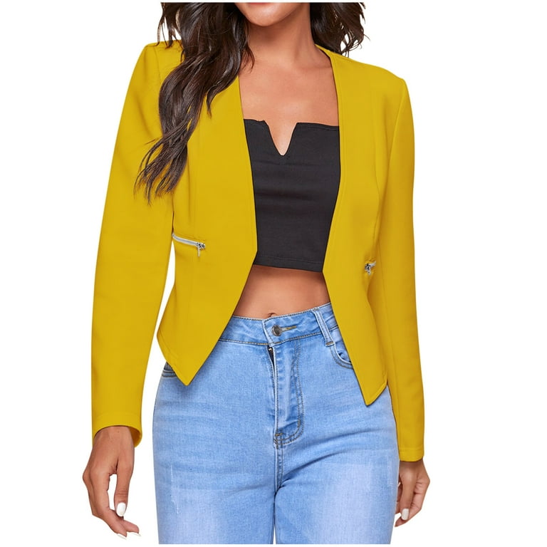 XFLWAM Womens Cropped Blazer Jacket Elegant Business Work Office Blazer  Casual Collarless Open Front Cardigan Suit Jackets with Zipper Pockets  Yellow S 
