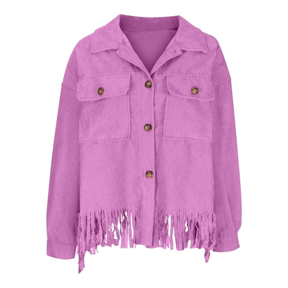 XFLWAM Womens Cropped Corduroy Jacket Casual Button Down Shacket Coat Solid Color Tassel Fringe Jacket with Pocket Hot Pink S