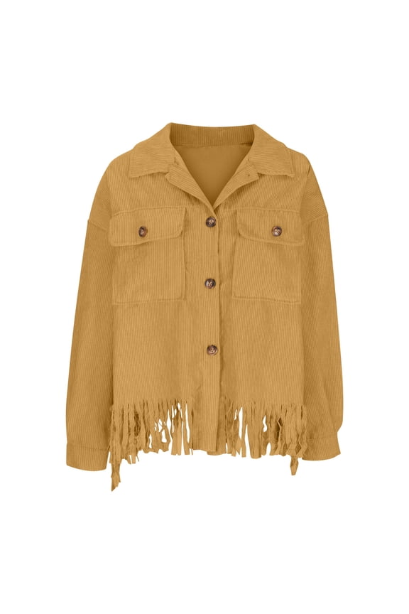 Womens Cropped Corduroy Jacket Casual Button Down Shacket Coat Solid Color Tassel Fringe Jacket with Pocket Khaki S