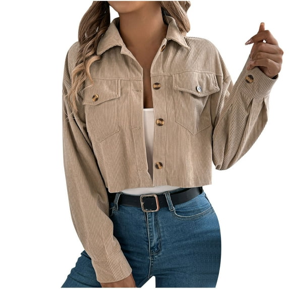 XFLWAM Womens Cropped Jackets Corduroy Long Sleeve Button Down Shirts Shacket Jacket Casual Lightweight Fall Coats Outerwear with Pocket Khaki M