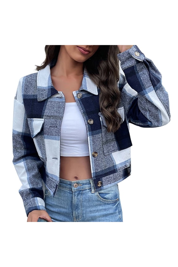 Womens Cropped Plaid Shacket Jacket Long Sleeve Button Down Short Flannel Wool Blend Shirt Coat with Pockets Navy Blue L