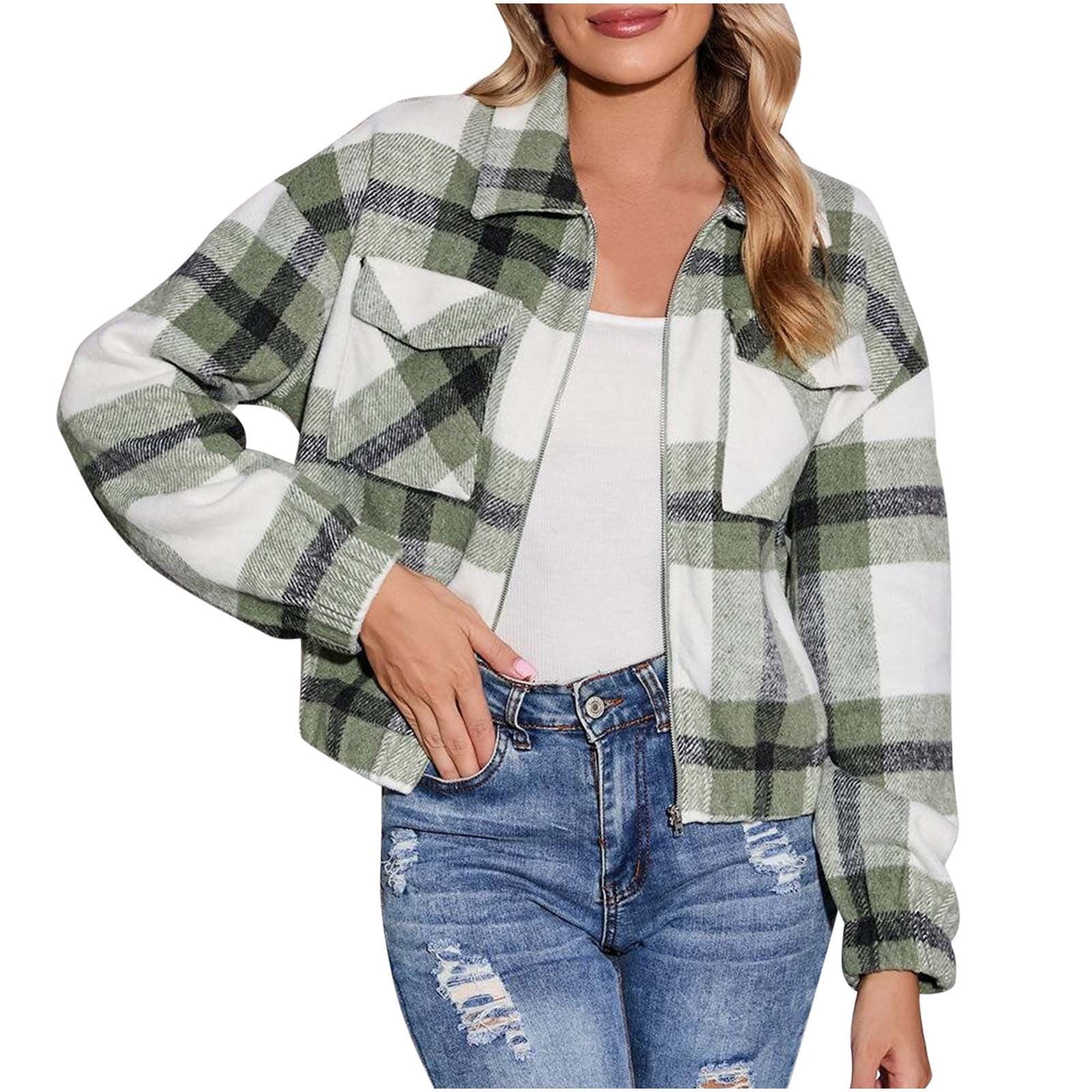 ジャケット・アウター Original plaid toggle CT XFLWAM Womens Cropped Plaid Shacket Turndown Collar Long