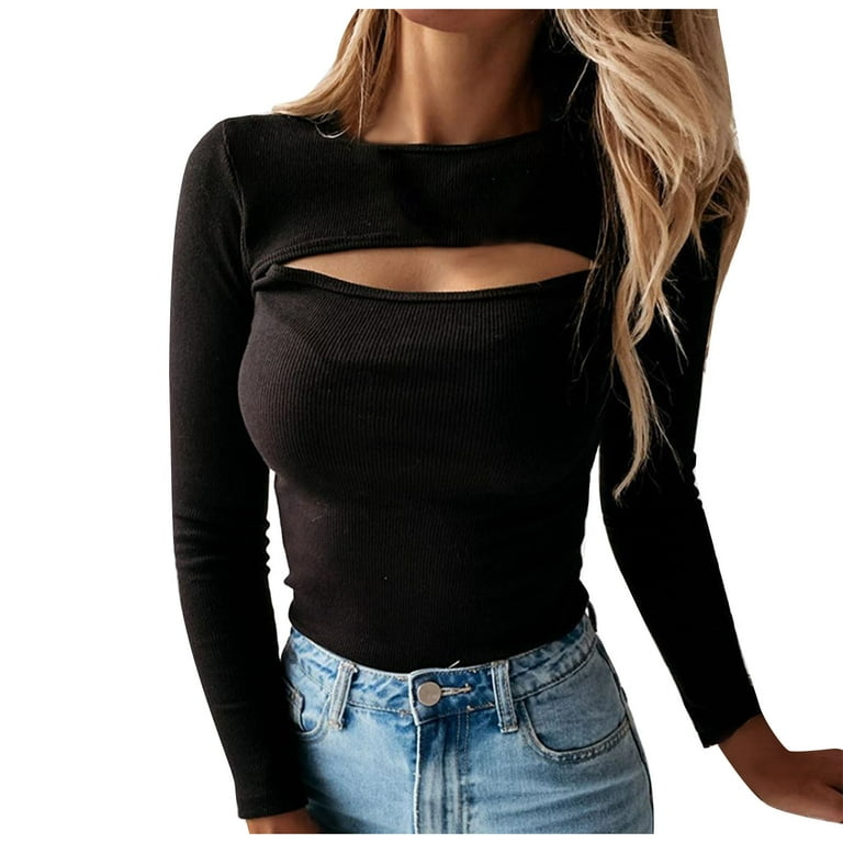 XFLWAM Womens Cutout Front Tops Long Sleeve Ribbed Knit Bodycon T-Shirts  Solid Color Jumper Blouse Black XL 