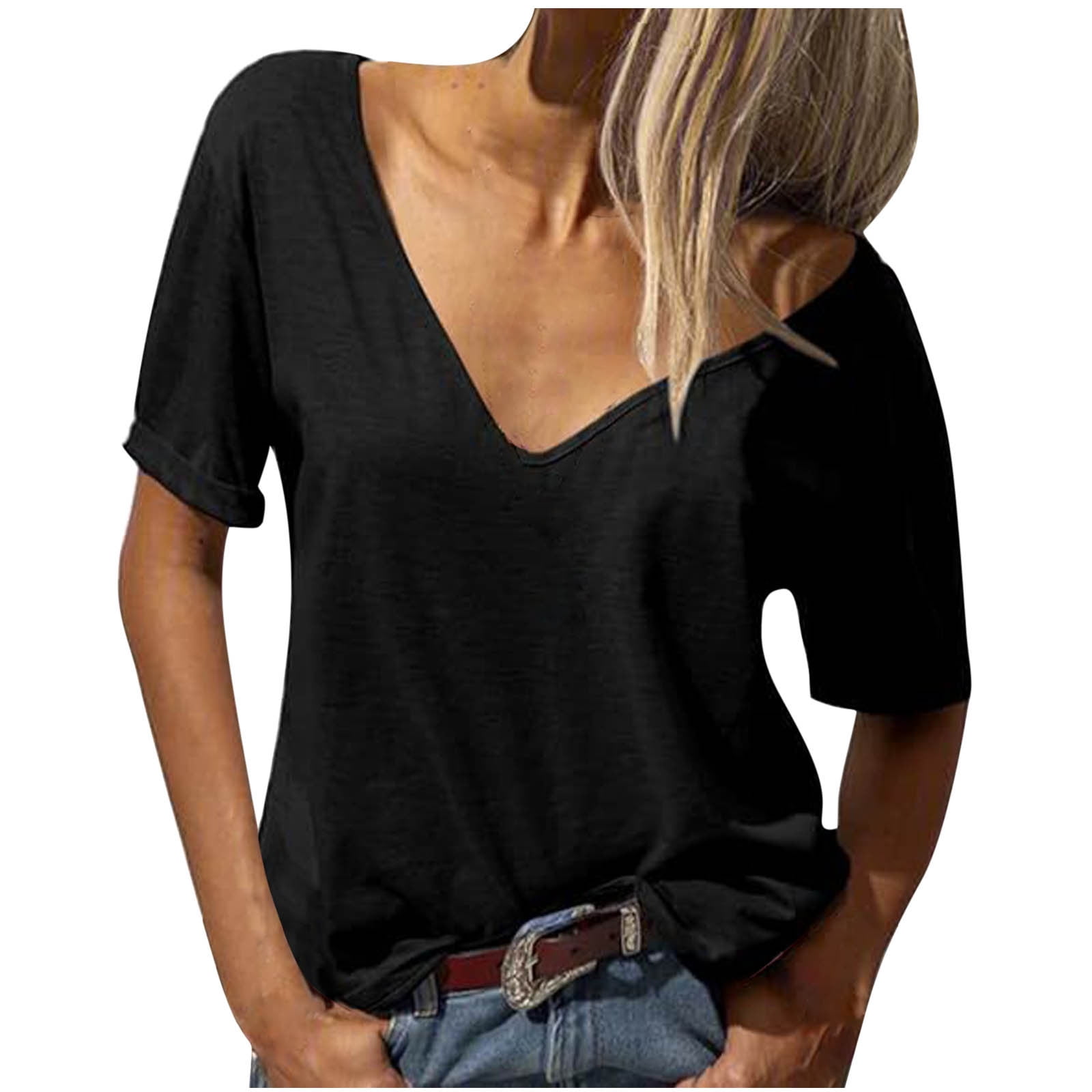 XFLWAM Womens Deep V Neck T Shirts Short Sleeve Solid Color Casual ...