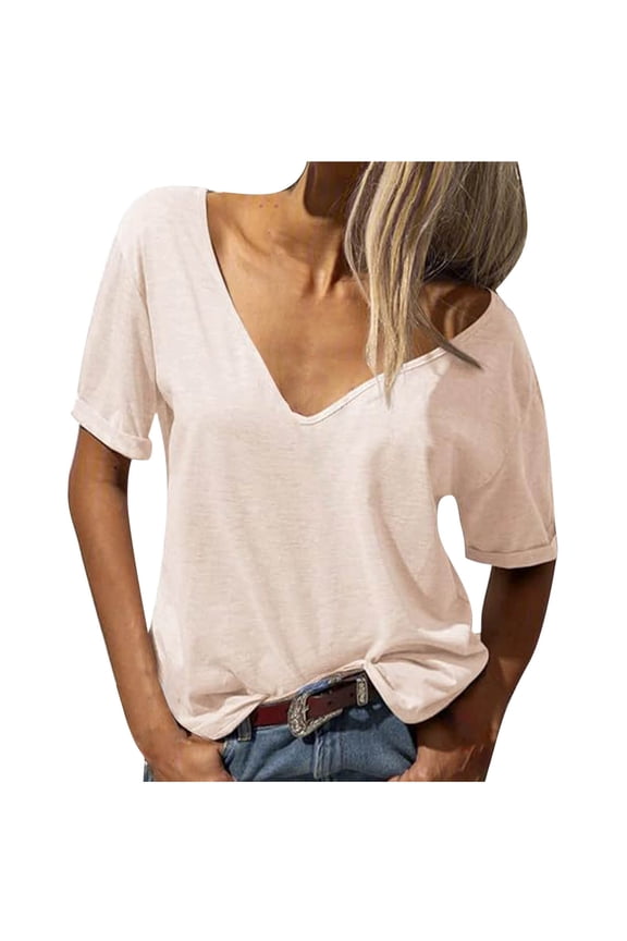 Womens Deep V Neck T Shirts Short Sleeve Solid Color Casual Loose Fit Basic Fashion Tee Tops
