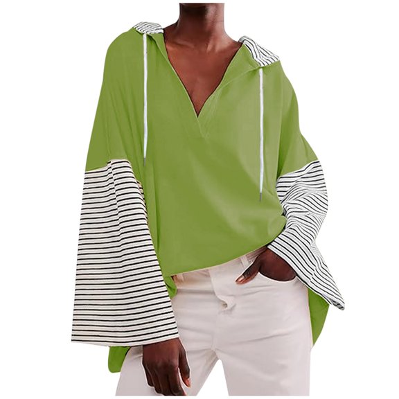 XFLWAM Womens Drawstring Hoodies Sweatshirt Striped Long Sleeve Deep V Neck Sweatshirts Casual Loose Fit Lightweight Oversized Pullover Tops Green S