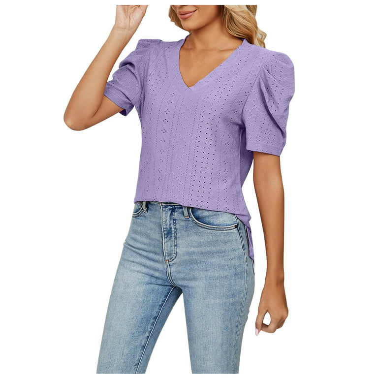 XFLWAM Womens Dressy Casual Tops Business Casual Short Puff Sleeve Work  Blouses Fashion 2023 Summer Hollow Out T Shirts Purple XL 