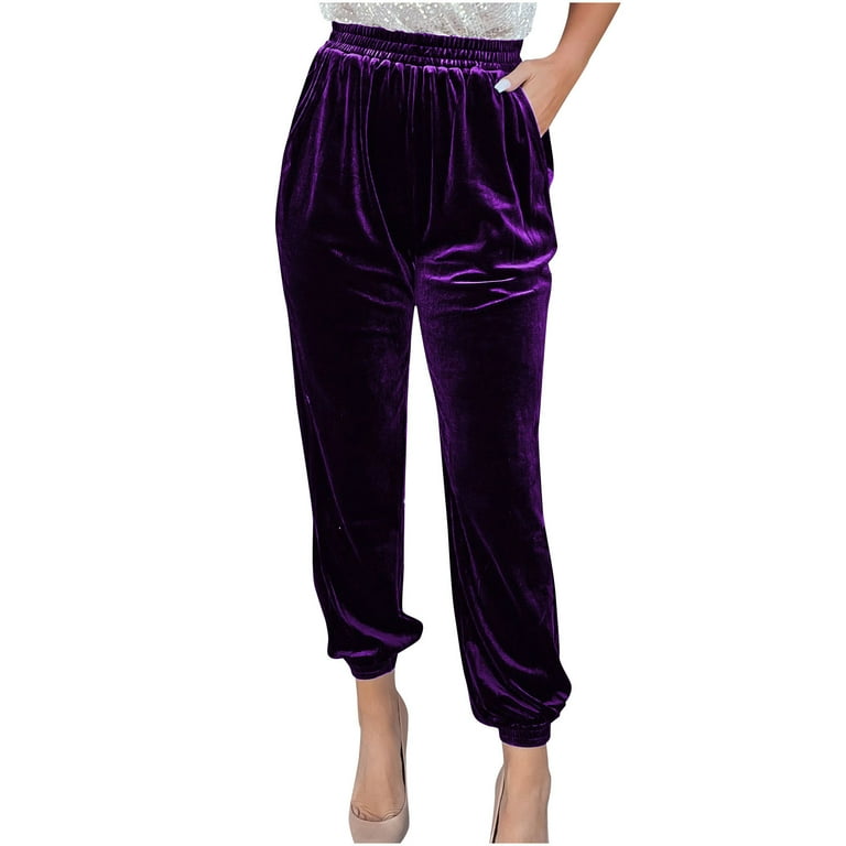 XFLWAM Womens Elastic High Waist Gold Velvet Trousers Casual Baggy
