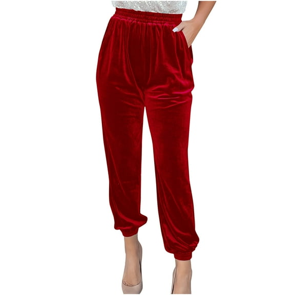XFLWAM Womens Elastic High Waist Gold Velvet Trousers Casual Baggy Sweatpants Comfort Lounge Joggers Pants with Pockets Red M