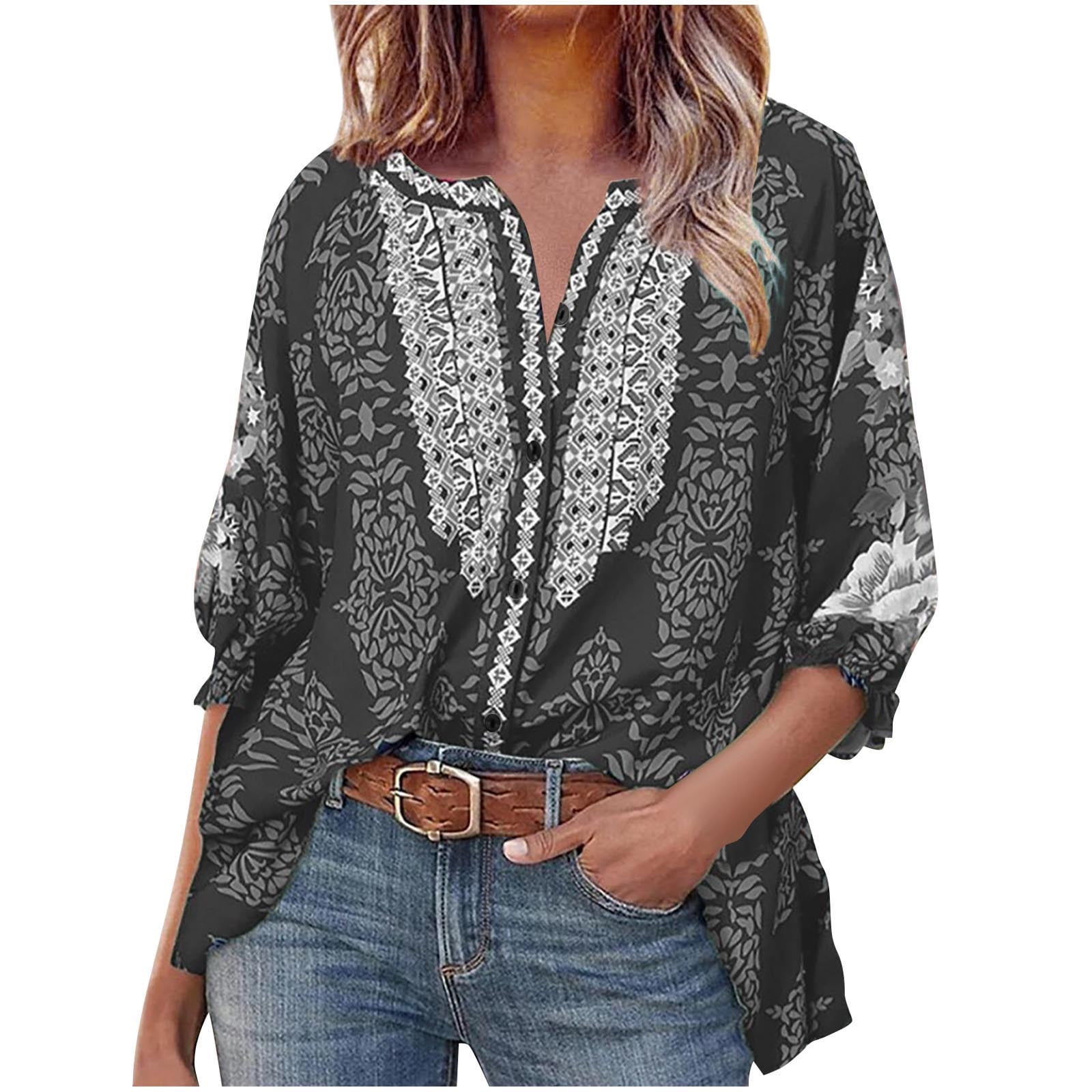 Embroidered Womens Summer Tops 3/4 Puff Sleeve Loose Blouse Cotton