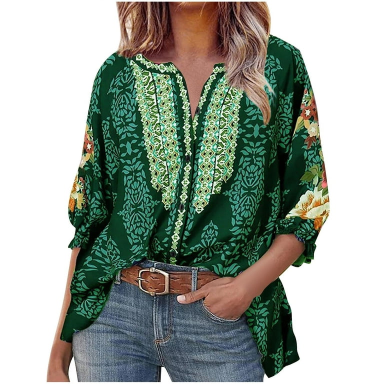 XFLWAM Womens Ethnic Style V Neck 3/4 Sleeve Tops Boho Floral Embroidered  Shirts Loose Button Down Tunics Blouse Green S 