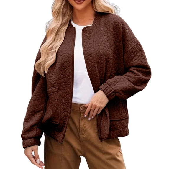 XFLWAM Womens Fall Winter Graphic Textured Coat Long Sleeve Lightweight Cardigan Open Front Full Zip Up Jacket with Pockets Brown XL