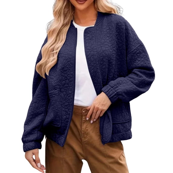 XFLWAM Womens Fall Winter Graphic Textured Coat Long Sleeve Lightweight Cardigan Open Front Full Zip Up Jacket with Pockets Navy Blue L