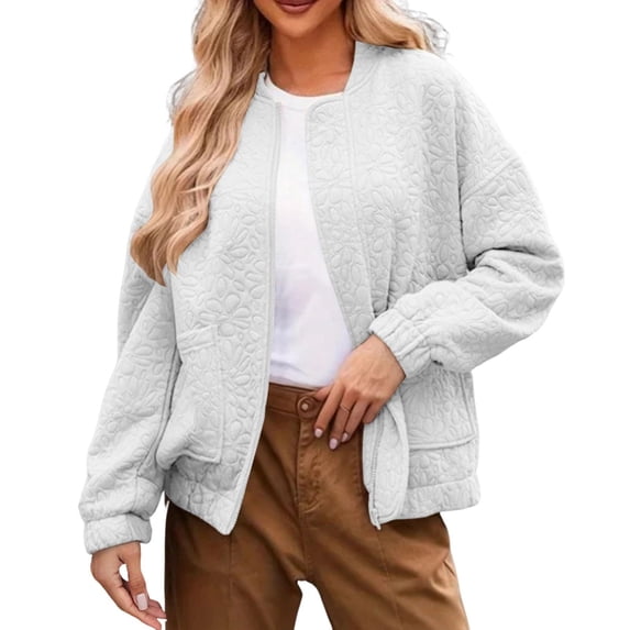 XFLWAM Womens Fall Winter Graphic Textured Coat Long Sleeve Lightweight Cardigan Open Front Full Zip Up Jacket with Pockets White XXL