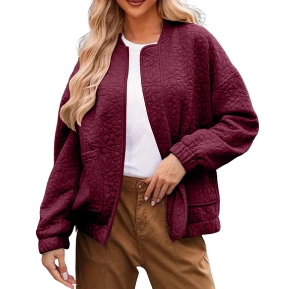 XFLWAM Womens Fall Winter Graphic Textured Coat Long Sleeve Lightweight Cardigan Open Front Full Zip Up Jacket with Pockets Wine Red M
