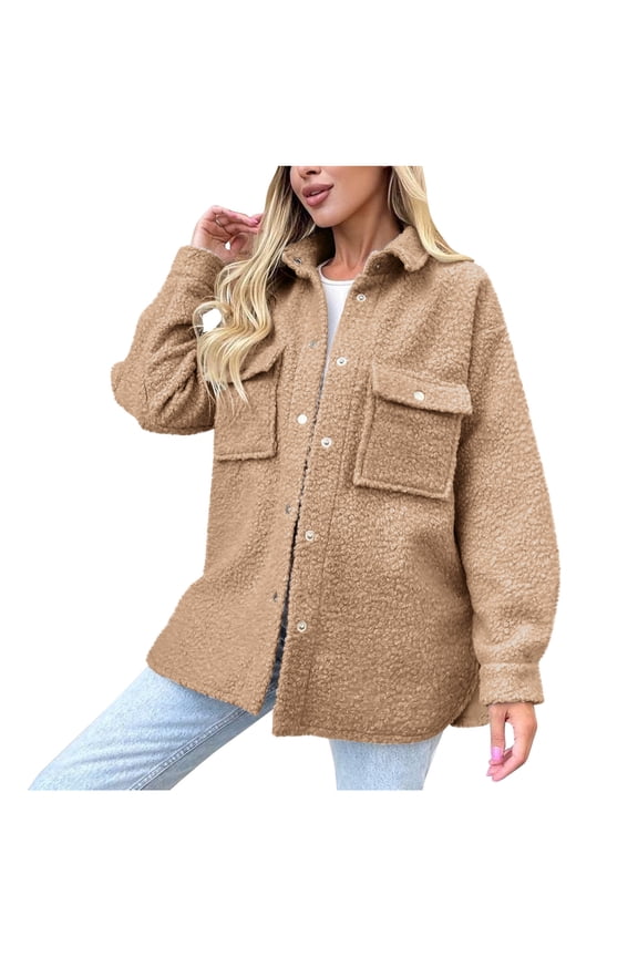 Womens Fall Winter Shacket Sherpa Fleece Jacket Button Down Shirt Jacket Long Sleeve Shacket with Pockets Lapel Coat Khaki L