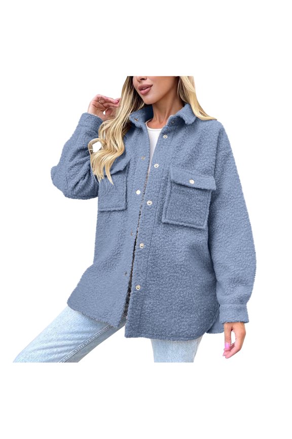Womens Fall Winter Shacket Sherpa Fleece Jacket Button Down Shirt Jacket Long Sleeve Shacket with Pockets Lapel Coat Navy L