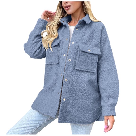 XFLWAM Womens Fall Winter Shacket Sherpa Fleece Jacket Button Down Shirt Jacket Long Sleeve Shacket with Pockets Lapel Coat Navy M
