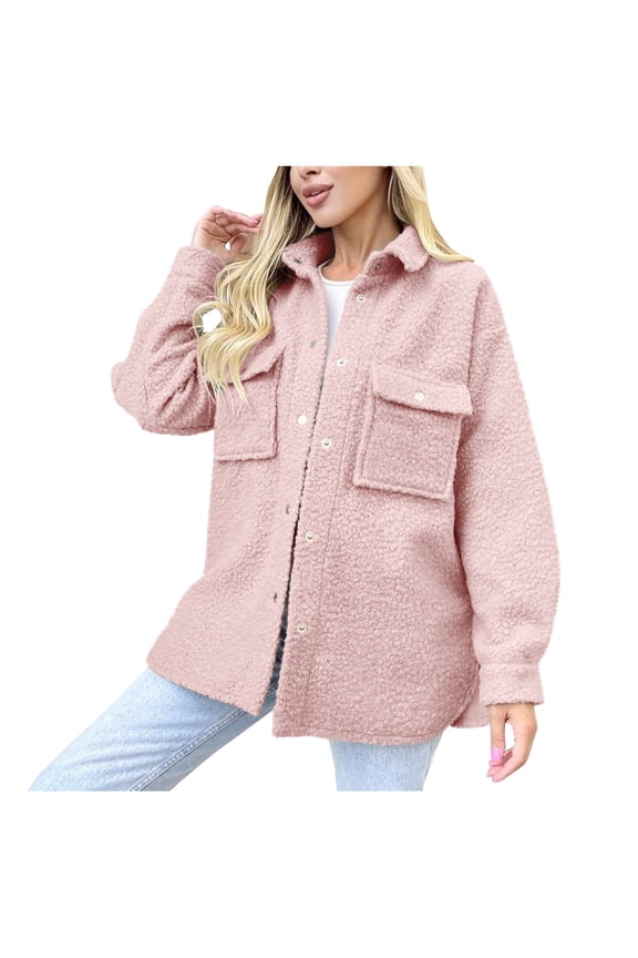 Womens Fall Winter Shacket Sherpa Fleece Jacket Button Down Shirt Jacket Long Sleeve Shacket with Pockets Lapel Coat Pink XL