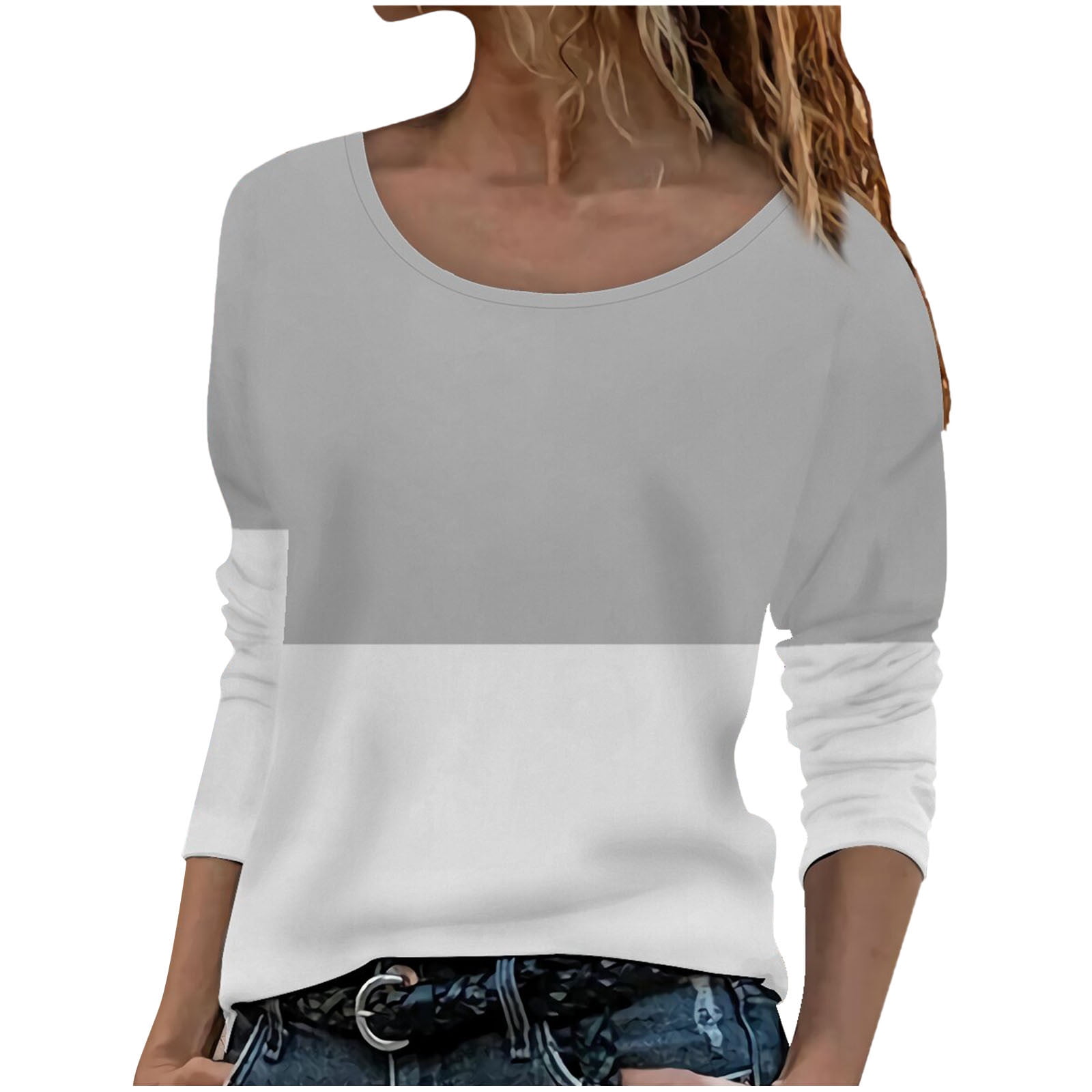 XFLWAM Womens Fashion 2023 T Shirt Casual Long Sleeve Crewneck Color Block  Patchwork Pullover Top Gray L 