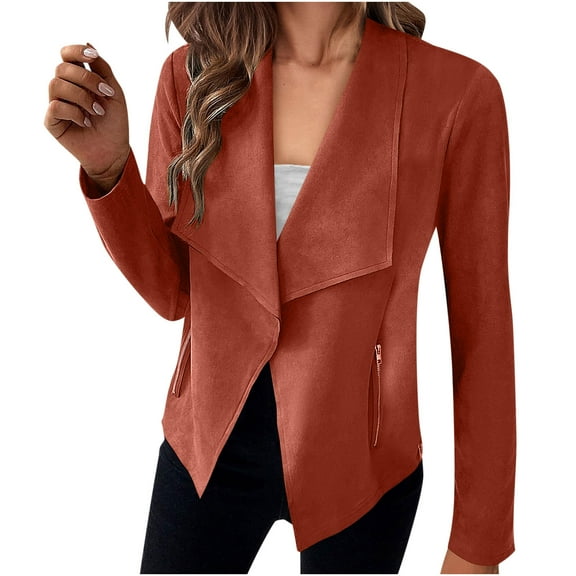 XFLWAM Womens Faux Suede Blazers Long Sleeve Open Front Cropped Jacket Casual Dressy Fashion Solid Color Coat Fall Clothes Orange S