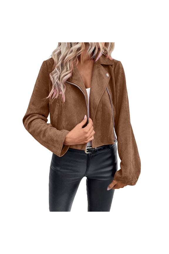 Womens Faux Suede Jackets Cropped Zipper Biker Moto Jacket Casual Notched Lapel Open Front Retro Coats Fall Fashion Clothes