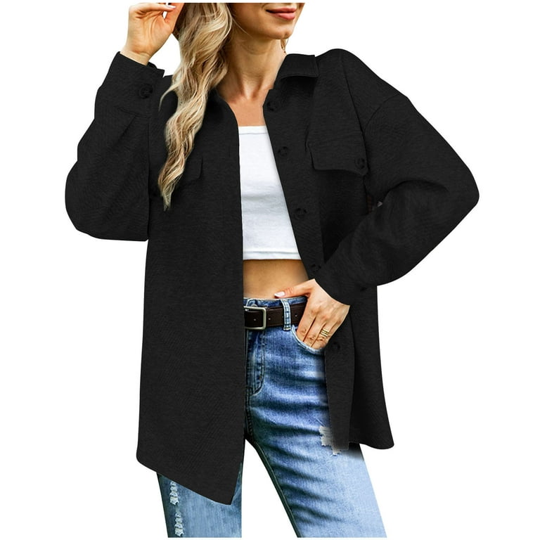 XFLWAM Womens Flannel Button Down Shirt Jacket Long Sleeve Oversized  Shacket Coat Loose Casual Blouse Tops With Pockets Black S 