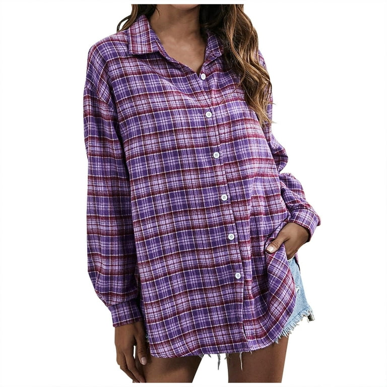XFLWAM Womens Flannel Plaid Shirts Oversized Button Down Shirts Blouse Tops  Purple L