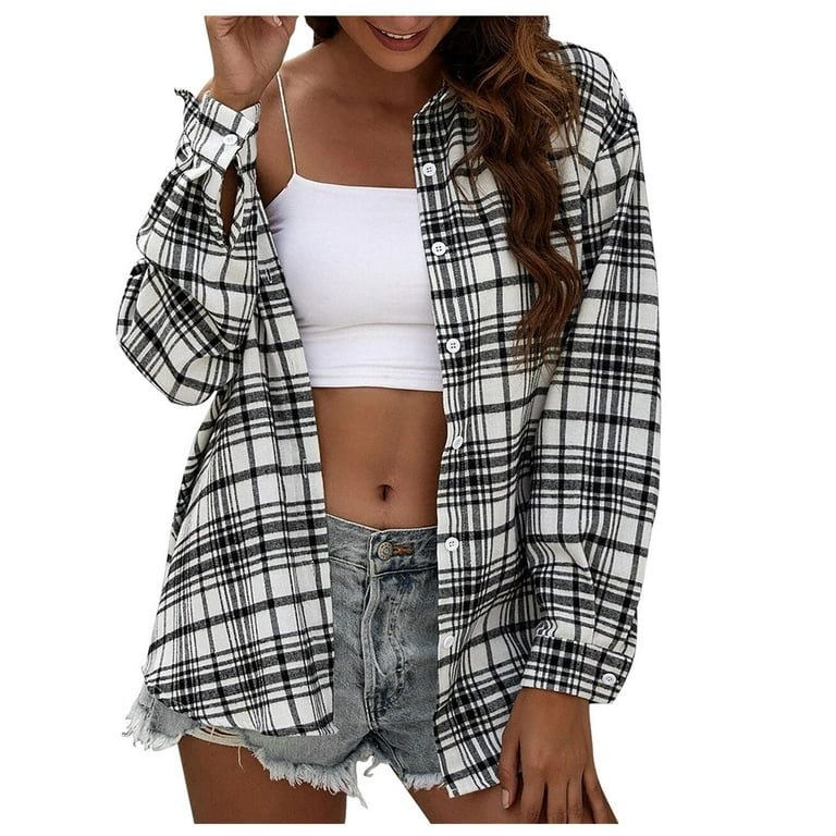 XFLWAM Womens Flannel Plaid Shirts Oversized Button Down Shirts Blouse Tops  White M 