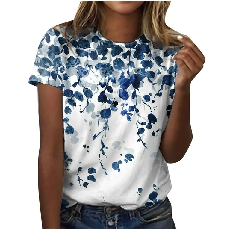 XFLWAM Womens Floral Print Crew Neck T-Shirt Fitted Beach Aesthetic Summer  Tops Short Sleeve Shirt Comfy Blouse Casual Tunic Graphic Blue S 