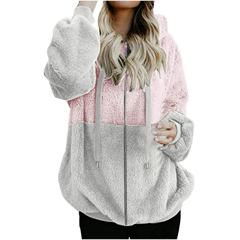 XFLWAM Womens Full Zip Up Drawstring Sherpa Hoodie Fuzzy Fleece Jacket  Oversized Fluffy Coat with Pockets Pink XL 