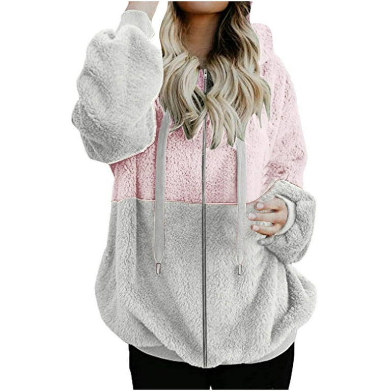 XFLWAM Womens Full Zip Up Drawstring Sherpa Hoodie Fuzzy Fleece