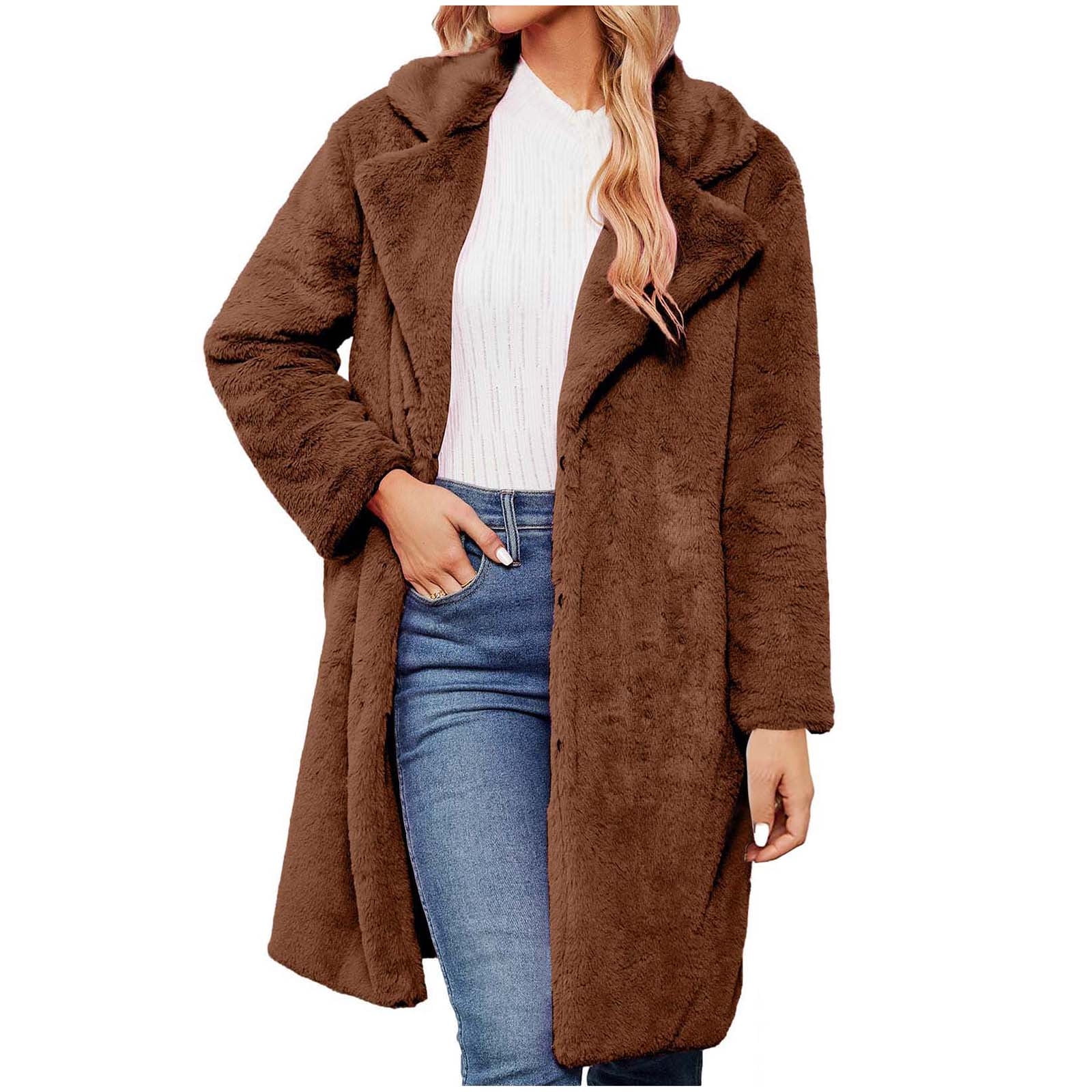 Brown Womens Fluffy Fleece Long Trench Coat Fuzzy Fleece Jacket Women  Jackets Coats Womens Double Breasted