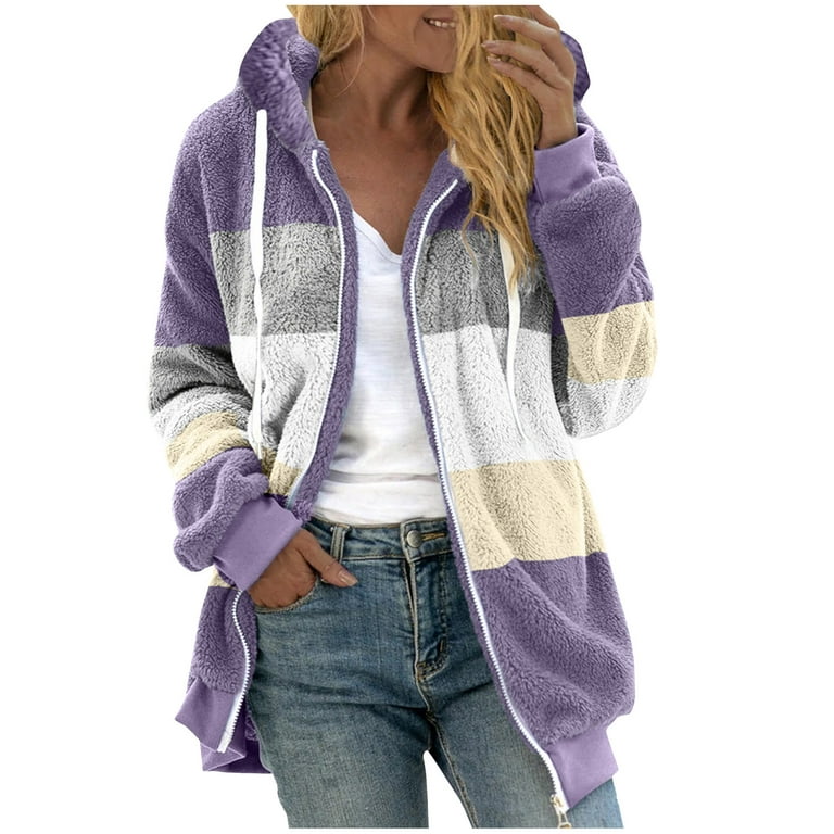 XFLWAM Womens Fuzzy Fleece Jacket Zip Up Oversized Winter Warm Sweatshirt  Hoodies Coats Purple XL 