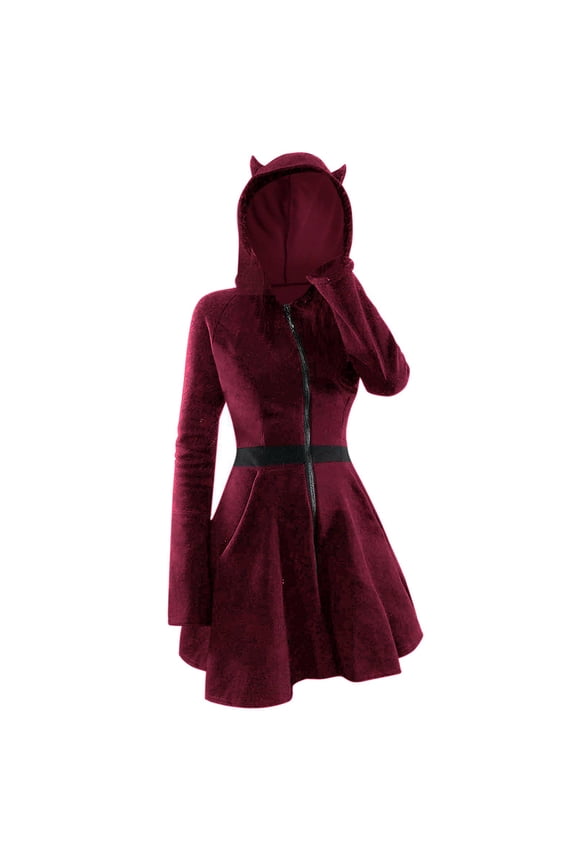 Womens Gothic Hoodies Jackets Zip Up Long Sleeve Steampunk Coat Vintage Long Trench Coats Wine Red L