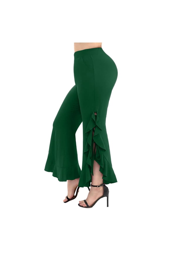 Womens Gothic Pants Stretchy High Waist Ruffles Split Hem Pants Dressy Dance Party Flare Bell Bottom Flowy Trousers