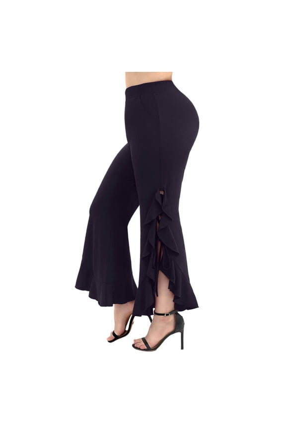 Womens Gothic Pants Stretchy High Waist Ruffles Split Hem Pants Dressy Dance Party Flare Bell Bottom Flowy Trousers