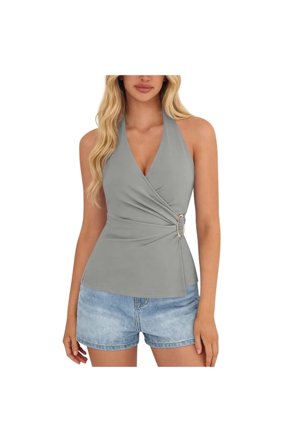 Womens Halter Top Spring Tie Wrap Sleeveless Ruched V Neck Fitted Summer Tops Backless Fashion Y2k Clothes