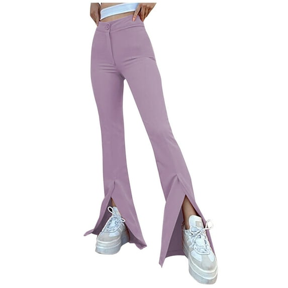 XFLWAM Womens High Waist Bootcut Wide Leg Flare Pants Flared Leg Trousers Dressy Slit Hem Bell Bottoms Purple L