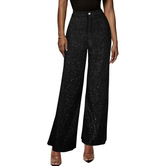 XFLWAM Womens High Waist Casual Loose Sparkle Sequin Shiny Wide Leg Palazzo Pants Trousers Black XL