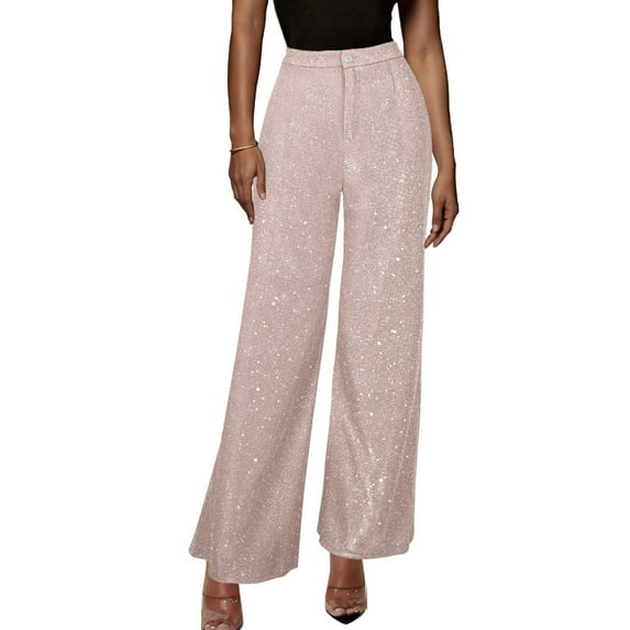 XFLWAM Womens High Waist Casual Loose Sparkle Sequin Shiny Wide Leg Palazzo Pants Trousers Pink S