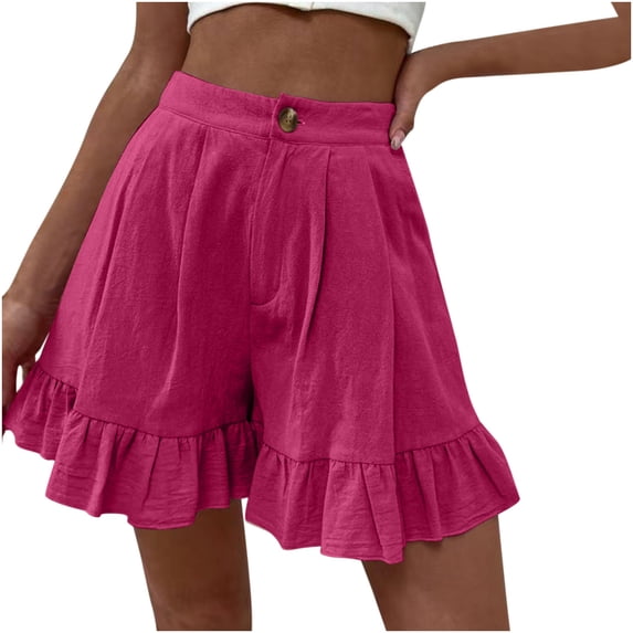 XFLWAM Womens High Waisted Wide Leg Shorts Summer Beach Lightweight Ruffle Hem Flowy Short Pants with Pockets Hot Pink M
