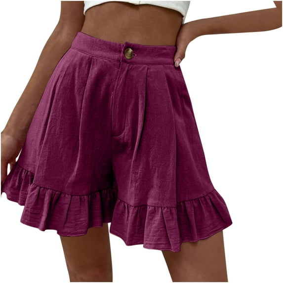 XFLWAM Womens High Waisted Wide Leg Shorts Summer Beach Lightweight Ruffle Hem Flowy Short Pants with Pockets Purple L